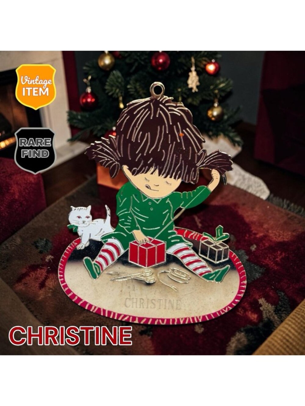 Vintage Lillian Vernon Moppets Etched Christine 1978 Gold Holiday Ornament RARE!